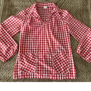 Vtg. DonnKenny Picnic Red and Cream Plaid v-Neck 70s top sz 11/12